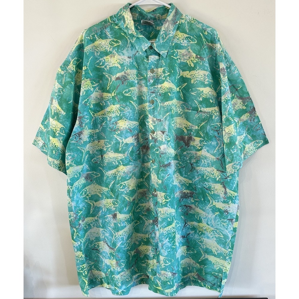 VTG Rum Reggae Hawaiian Shirt Mens 2X Green Beach Tropical Aloha Tiki Fish Camp